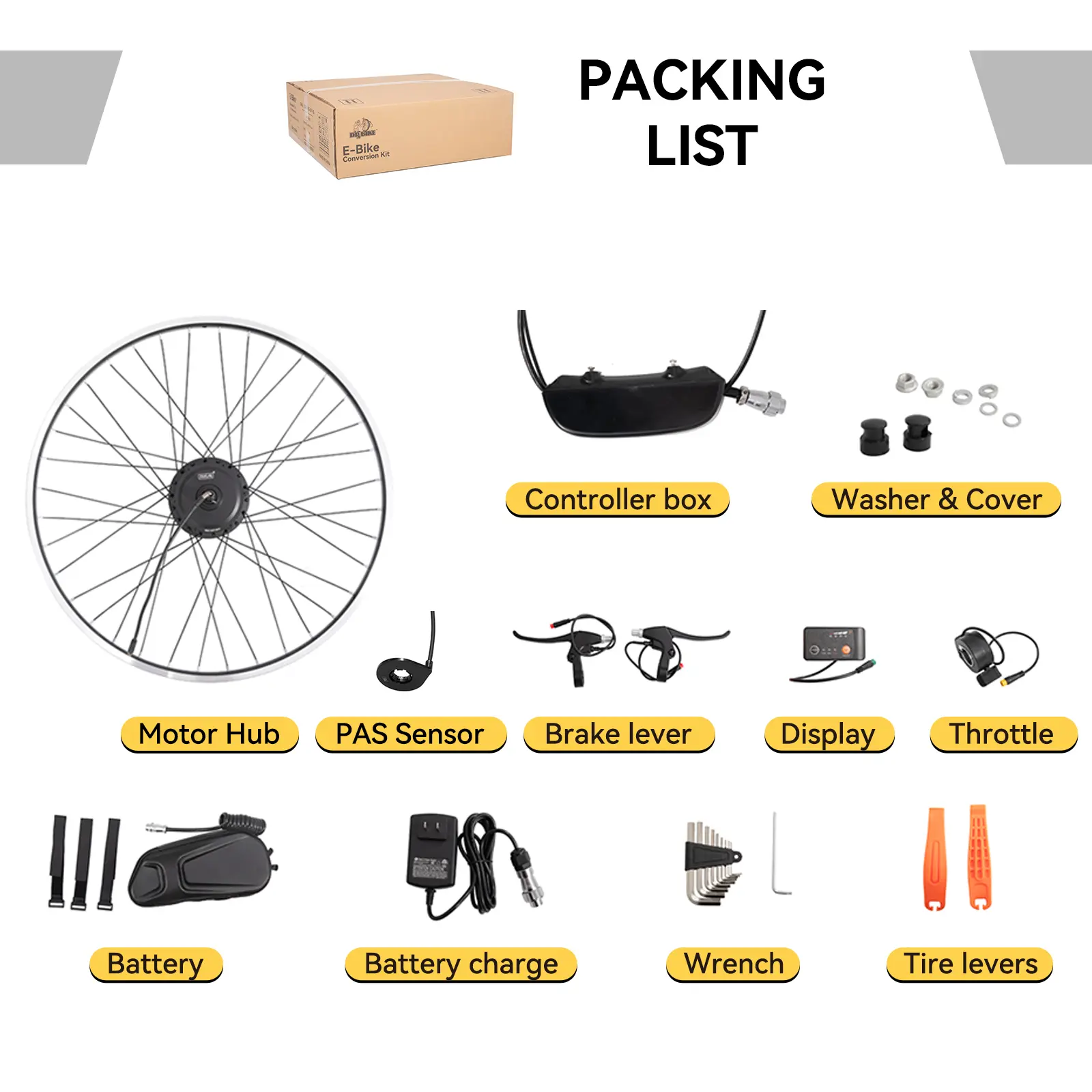 29-Inch Electric Bike Conversion Full Kit Set for Mountain Biking, Hub Motor Kit with Battery, Controller Box, LCD Display, Throttle, Fits Tires of 1.95-2.125 Size for DIY Bicycles