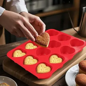 12-Cavity Heart-Shaped Silicone Baking Mold for DIY Brownies Cupcakes and Cake Pops, Heart Molds Silicone, Non-Stick Food-Grade Microwave and Freezer Safe Kitchen Tool