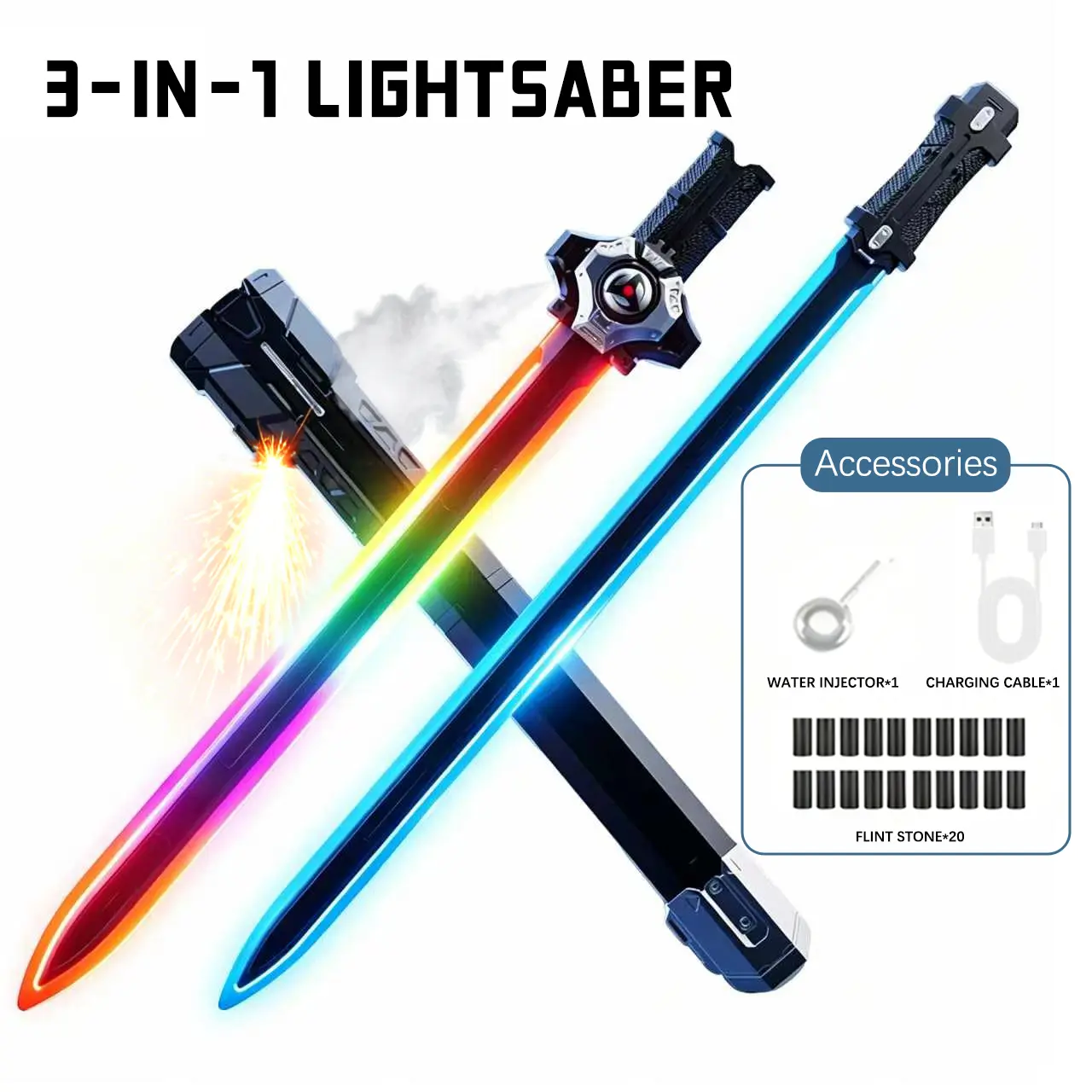 Kids' 7-Color Changing USB Rechargeable Handheld LED Laser Sword (Carbon Fiber, 3+ Age) - Dynamic Sound Effects, Mist Spray, Realistic Spark, Type-C Charging, Dual-Sword Mode, Cool Cosplay Prop, US In-Stock Birthday Gift