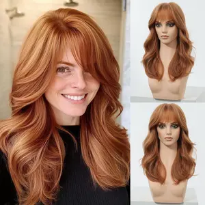 Rina-DWY Machine Made Mid-length Wavy Hairstyle Auburn with Blunt Bangs Glueless Synthetic Wig for Women 18 Inches