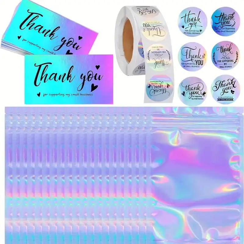 Thank You Card, Greeting Card & Sticker Set, Bulk Thank You Cards, Thanks Card, 570pcs/set Including 50pcs Thank You Card & 500pcs/roll Sticker & 20pcs Clear Gift Bag, Gift Wrapping Supplies