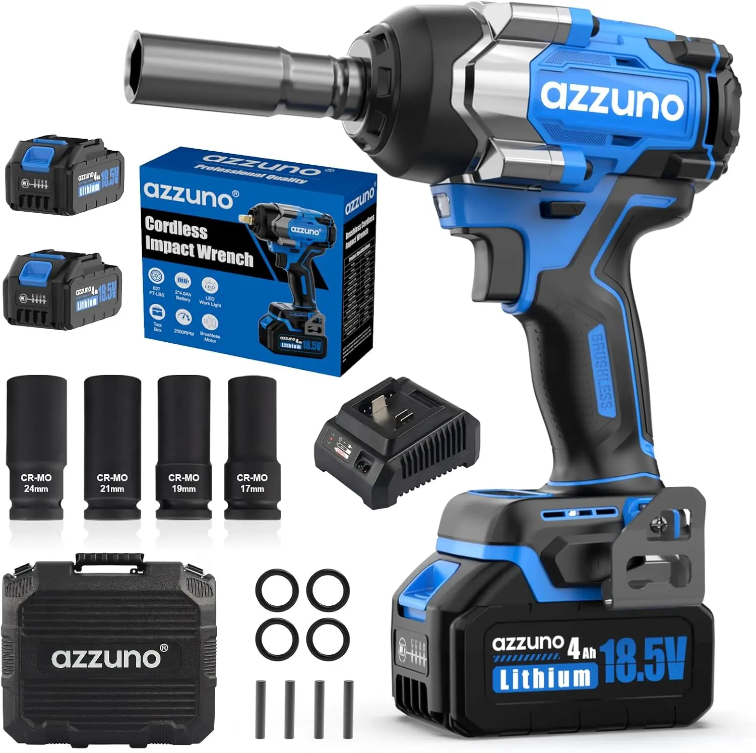 【Grand Opening Deal】AZZUNO 590 Ft-lbs Cordless Impact Wrench, 1.5 inch Brushless High Torque Power Tool with 2×4.0Ah Batteries, Fast Charger & Sockets for Car, Truck & Tire Removal