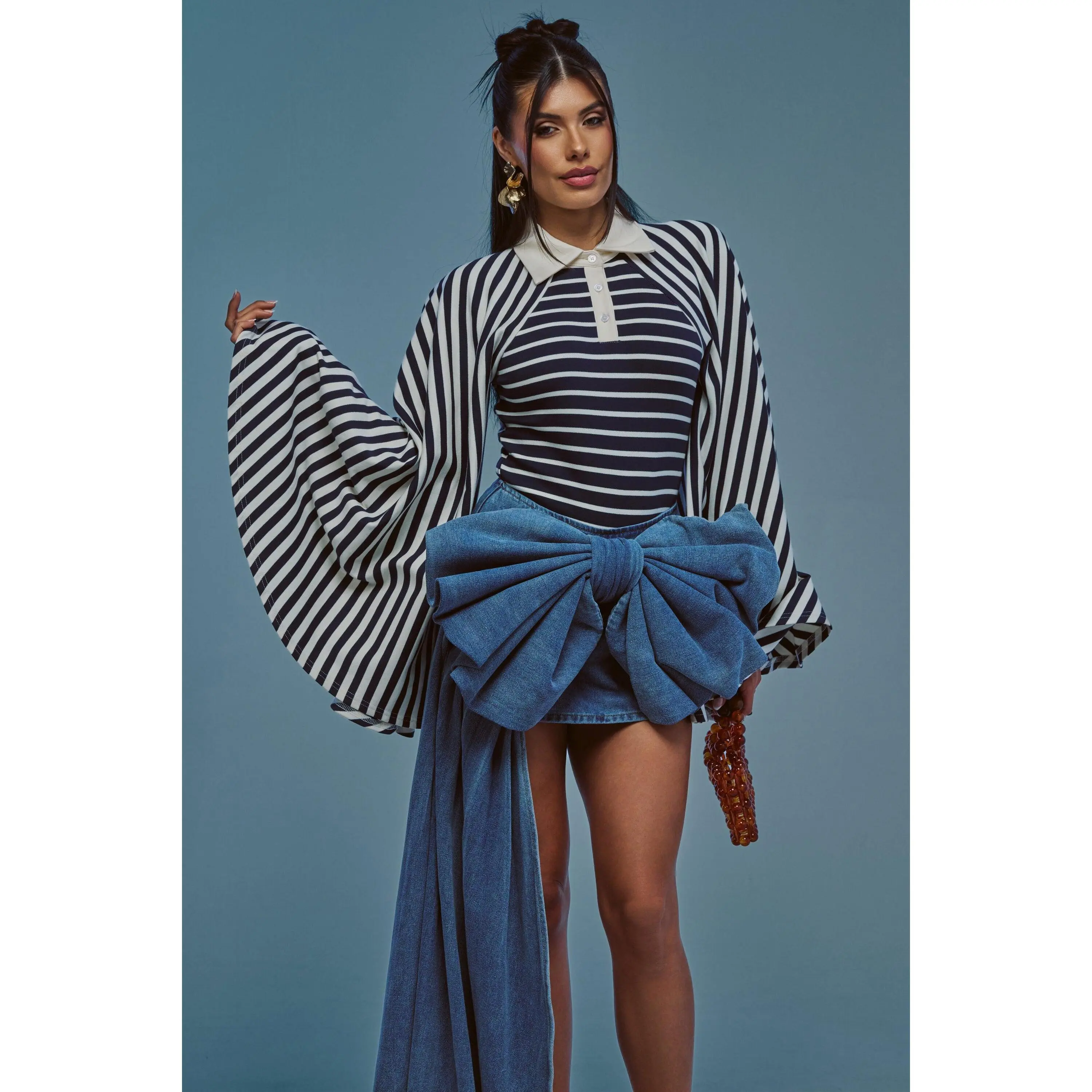 ALMA STRIPE COLLARED BODYSUIT IN NAVY