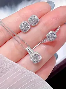 Elegant Artificial Zircon Inlaid Jewelry Set, Exquisite Trendy Pendant Necklace & Stud Earrings & Ring, Chic Jewelry Set for Party & Daily Clothing Decor Engagement Ring