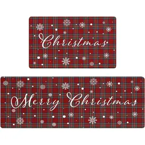 AMM Christmas Kitchen Rugs Set of 2, Buffalo Plaid Xmas Kitchen Mats for Floor Anti Fatigue, Winter Snowflake Merry Christmas Kitchen Decor, Non Slip Cushioned Memory Foam Kitchen Floor Mat