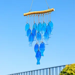 Handcrafted Fish Wind Chimes, 23" Blue Glass Sea Wind Chimes for Outside, Large Glass Wind Chimes for Beach Party and Wedding Decor