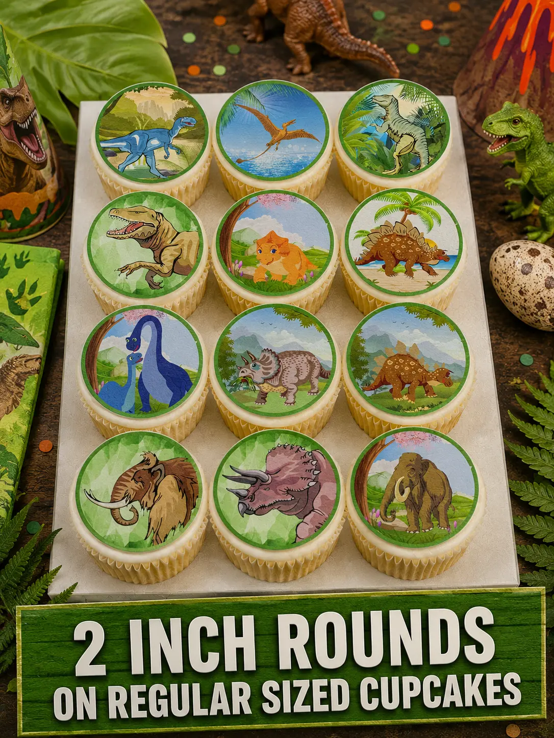 12-Piece Green Dinosaur Vegetable-Based Edible Transparent Image Rounds - Pre-Cut Cake Toppers & Dessert Decorations with Multiple Sizes Available