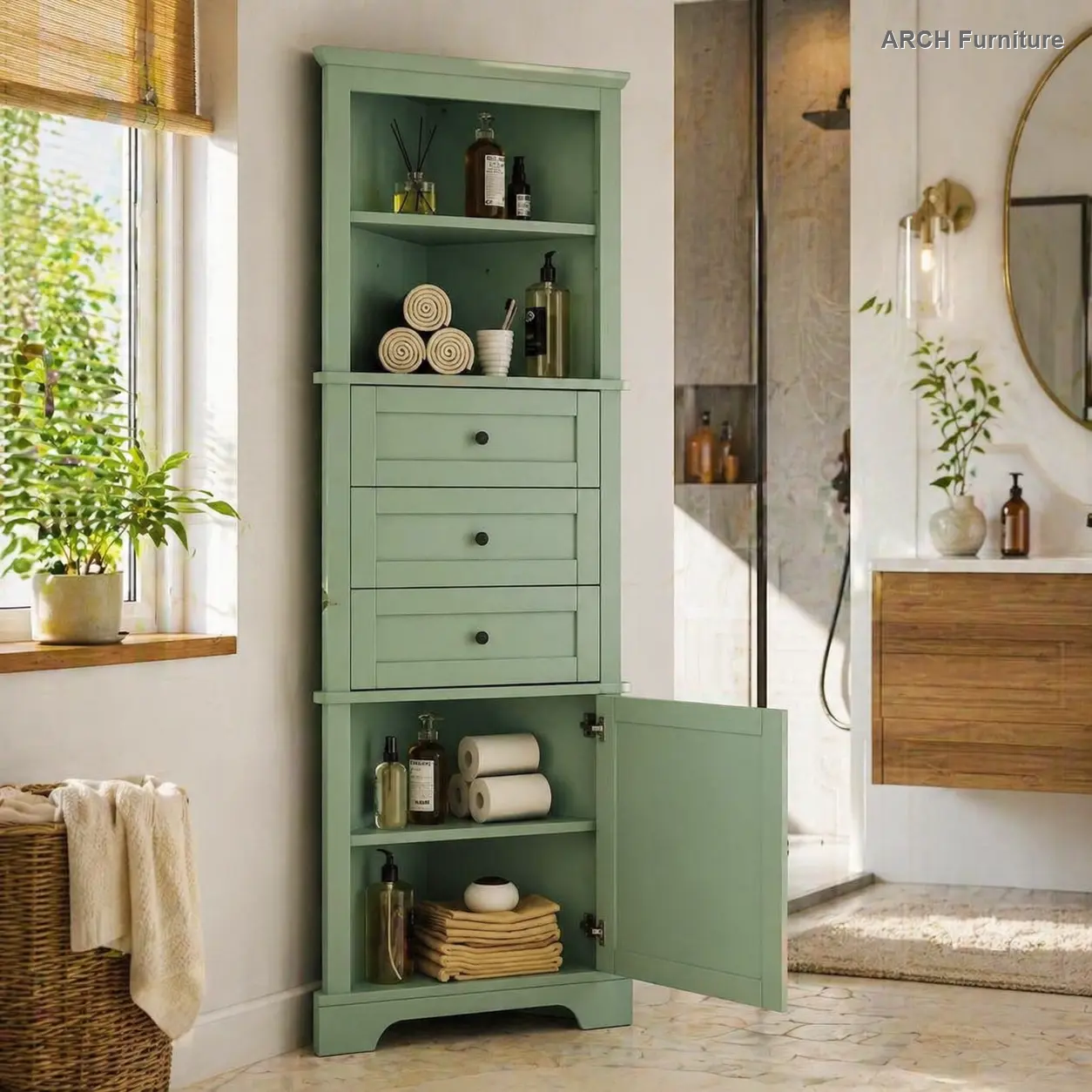 ARCH Triangle Corner Cabinet - MDF Board with Painted Finish, 3 Drawers, Adjustable Shelves, Indoor Cupboard Furniture for Apartment Bathroom, Kitchen (Old Sku:WF306469AAG), Three Drawers