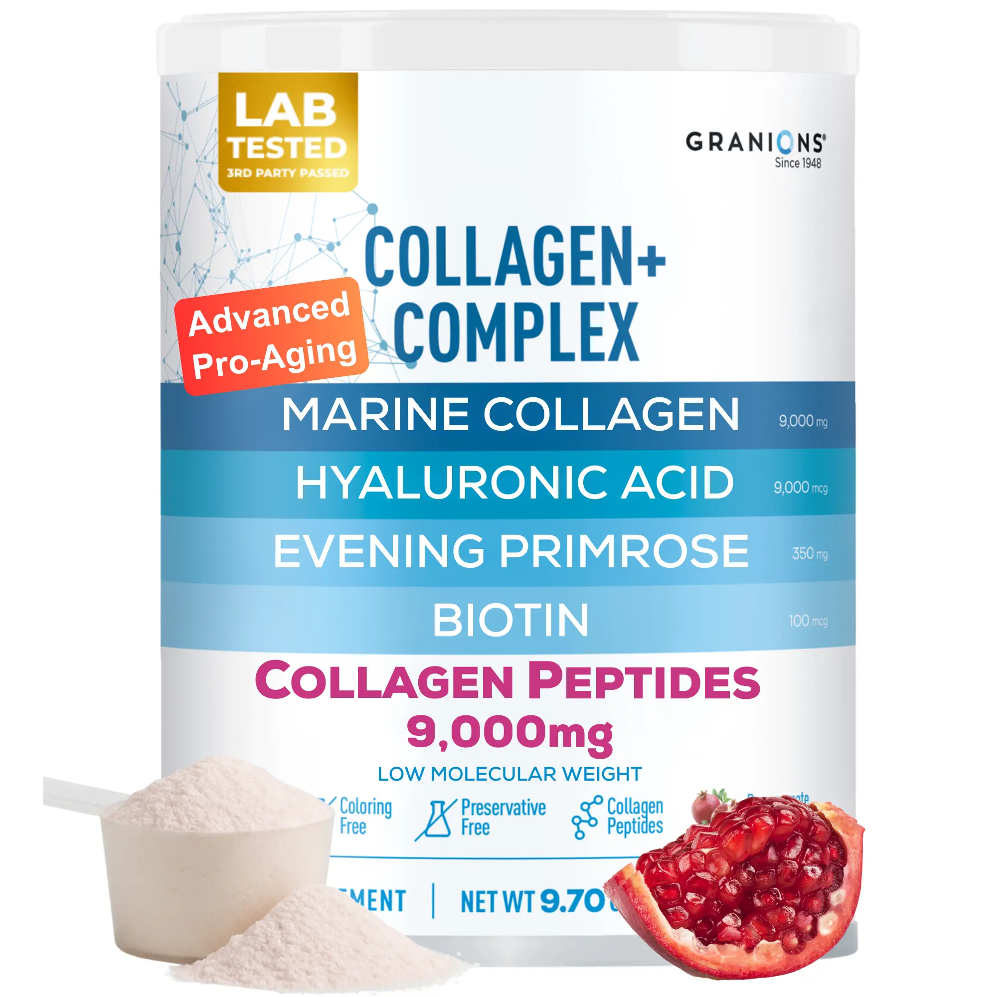 Marine Collagen Powder – 9g Hydrolyzed Collagen, Biotin, Hyaluronic Acid, Vitamin C & Antioxidants – Pomegranate 9.7oz