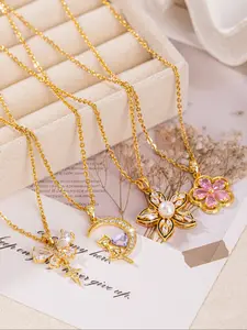 Women's Elegant Five-petaled Flower Moon Cat Butterfly Pendant Necklace, Stainless Steel Chain, Jewelry Gift for Women & Girls, All-Season Fashion Accessory