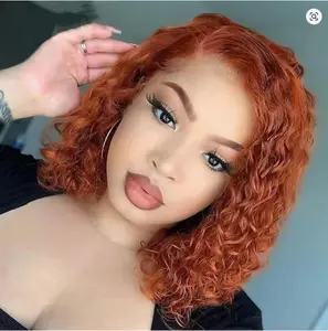 #350 Orange Ginger Deep Wave BOB Wig Human Hair 13x4 HD Lace Frontal Short Curly Ginger Orange Lace Front BOB Wigs For Black Women Human Hair Pre Plucked Wear And Go Glueless 14 Inch