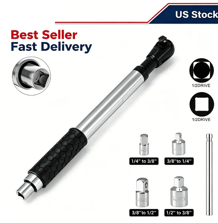 1/2" Offset Extension Wrench - 2025 Upgraded Drill-Integrated Impact Ratchet Extender with Rubber Grip, 74ft-lb Torq., Alloy Steel Durability, Adapters Set, Compatible with Klein Tools Spanners, Ideal for Automotive Repair & Confined Areas