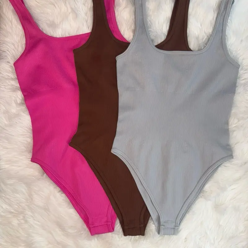 OQQ Women's Bodysuits Sexy Ribbed One Piece Sleeveless Halter Neck Tops Leotard Summer Trendy