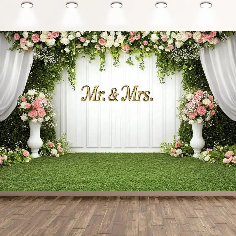 Floral Flower Mr & Mrs Wedding Background Banner - Lightweight Multicolor Polyester Botanical Backdrop, Festive Party Decoration for Wedding, Birthday Party, Home Wall Decor Supplies