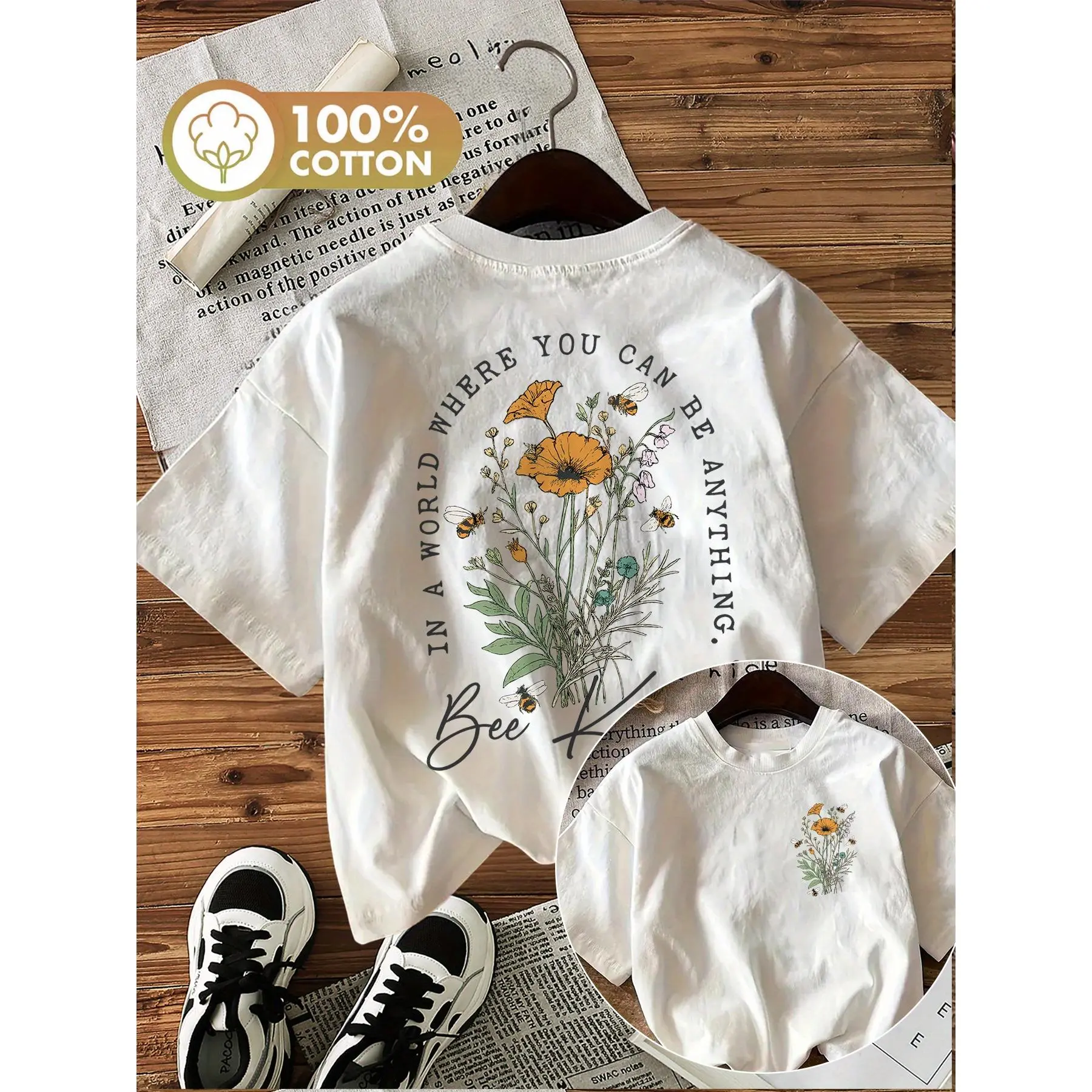[Front and Back Double Image] Fresh Style Flowers and Bees in Your Printed World Short Sleeve Round Neck T-Shirt Street Casual,summer graphic tees,tshirts for women,cotton graphic tees