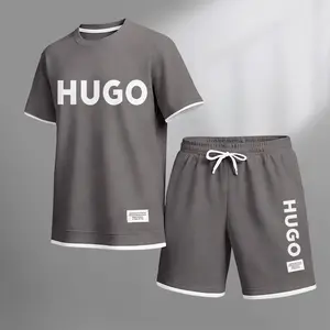 Men's Letter Print Waffle Fabric Short-Sleeved Shirt And Shorts Set 02