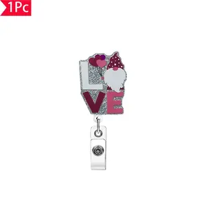 1PC Glitter LOVE Letter Mini Dwarf Holding Heart Balloon Retractable Keyring Cute Charms Keychain Valentine's Day Style ID Tag Holder Personalized Badge Clip, Ideal for Holiday Gifts & Presents