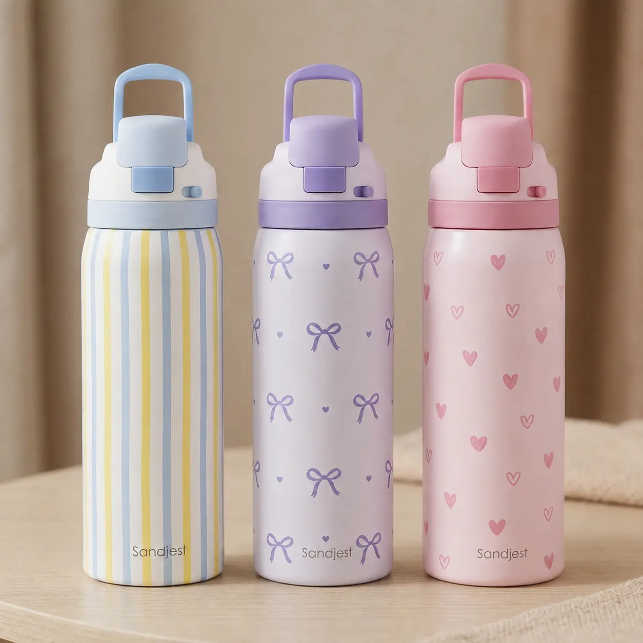 SANDJEST 32oz Double Wall Insulated Stainless Steel Water Bottle, Sporty Chic Tumbler Shape with Push-Button Lid, Straw & Handle, 100% Leak-Proof Reusable Portable, for Gym Travel, Gift for Women