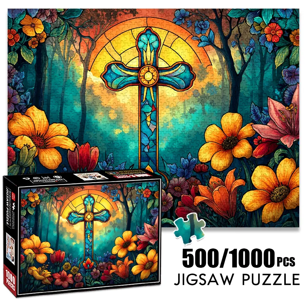 1pc 1000 piece adult puzzle 70x50cm Floral - framed Stained - glass Cross in Forest Scene 500 pieces paper jigsaw puzzle suitable for DIY creative games for adults and families, birthday and holi