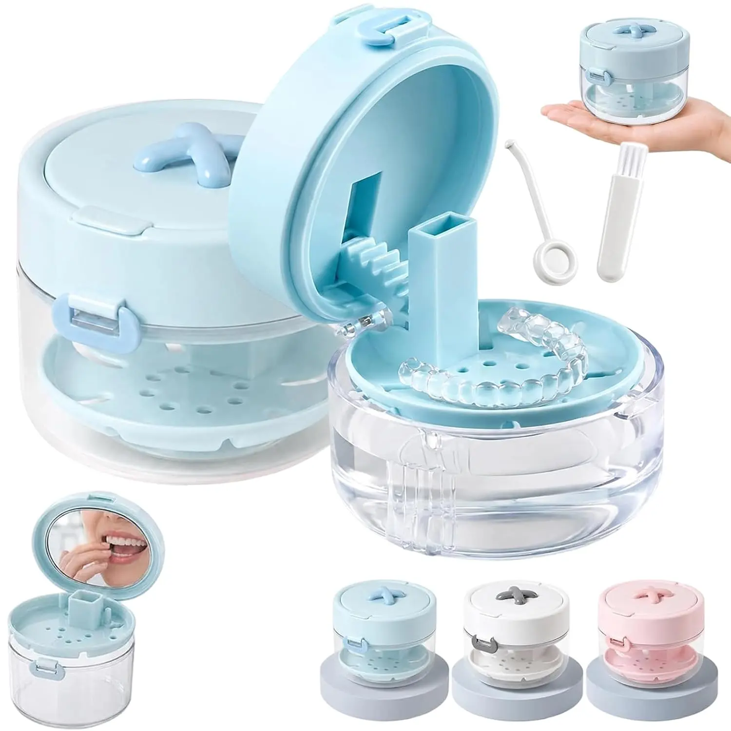 3-in-1 Oral Retainer Cleaner Case with Lid, Mirror & Brush, Snap-Lock Dental Cleaning Box with Drain Tray, Compact Denture & Aligner Storage Case for Home & Travel