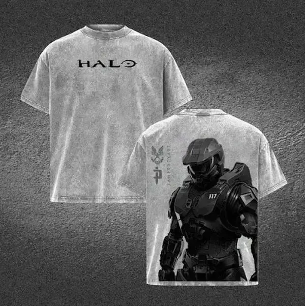 Halo Master Chief Double Printed Acid Washed Tee Vintage Gaming Graphic T Shirt Oversized Loose Fit Soft Cotton Short Sleeve Crew Neck Retro Streetwear Lightweight Casual Daily Wear Trendy Gamer Top Holiday Gift for Men Women