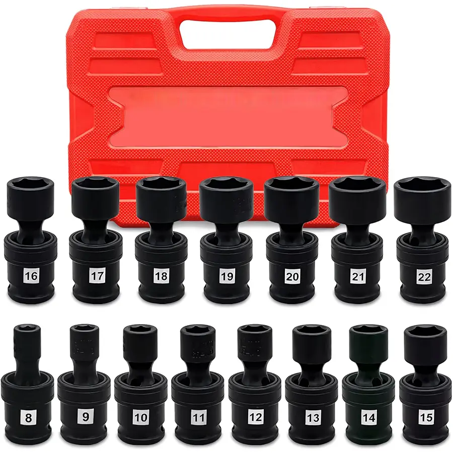 【DealsForYouDays】15-Piece 3/8-Inch Drive Shallow Universal Impact Socket Set, Rotating Socket Set, Metric Flexible Swivel Sockets, CR-MO Material, 8–22 mm, Hex