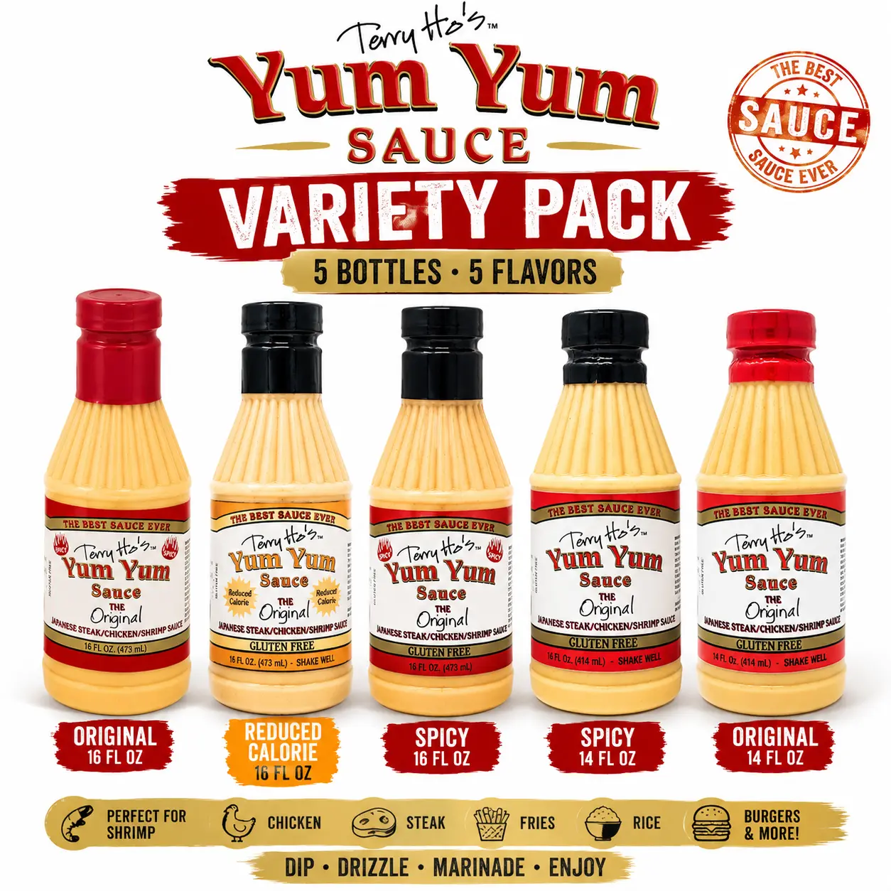 Terry Ho's Yum Yum Sauce Youth-Friendly Ambient Flavor Variety Pack - 5 Bottles (Original, Reduced Calorie, Spicy) - Gluten-Free, Nutrient-Light, Carbs & Fats-Conscious, 12+ Month Shelf Life - Bold Flavor Campfire, BBQ Party Cooking Sauce Dip