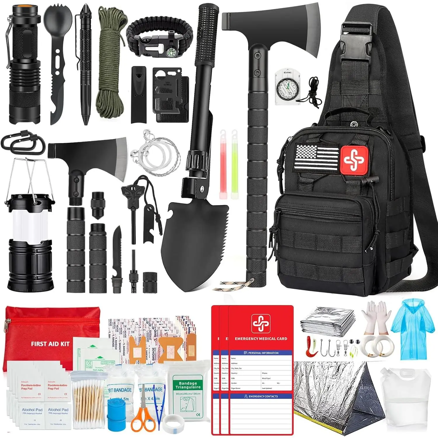 Kit, 262Pcs Gear and Supplies with First Aid Kit Pouch and Crossbody Bag, Emergency Kit with Tent, Camping Axe Hammer, Shovel w/Pick, Bug Out Bag Gifts for Men Women Large Capacity Tactical Backpack outdoor tactical bag backpack