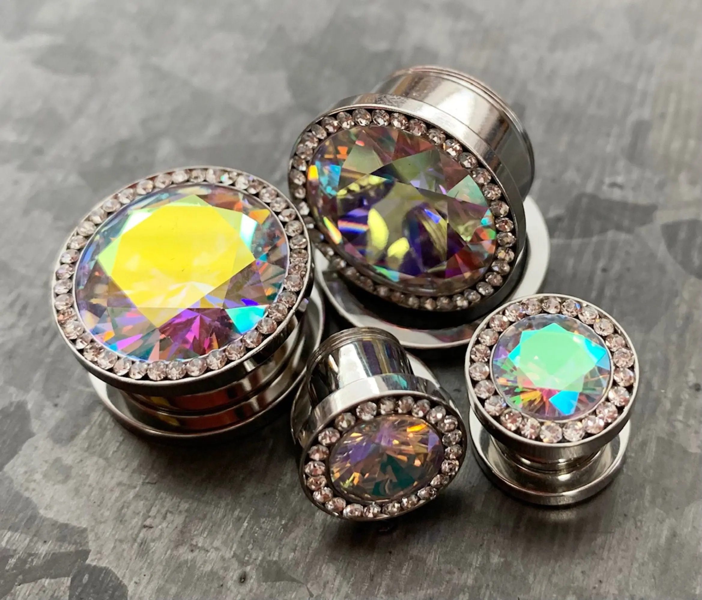 PAIR of Unique Steel Screw Fit Plugs with Large Aurora Borealis CZ Gem Surrounded by a CZ Rim - Gauges 8g (3.2) thru 5/8" (16mm)