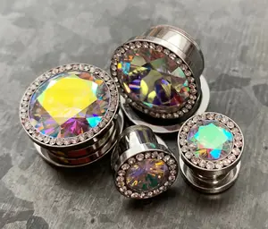 PAIR of Unique Steel Screw Fit Plugs with Large Aurora Borealis CZ Gem Surrounded by a CZ Rim - Gauges 8g (3.2) thru 5/8" (16mm)