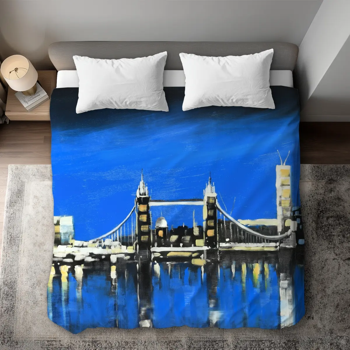360 Stand King Size Duvet Cover - Blue Urban Chic London Cityscape Print Microfiber Face, Vibrant Decorative Bedding, Urban Home Accents, Blue Modern Cities