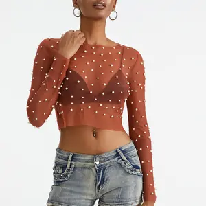 Women's Rhinestone See Through Top Pearl Blouse Long Sleeve Mesh top Going Out Tops Beaded Shirts Cover Up Crop Top