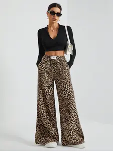 Women's Leopard Print Wide Leg Sweatpants, Casual Streetwear Pants, Casual Comfy Trousers for Daily Wear, Ladies Bottoms for Fall & Winter