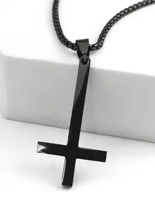 Stainless Steel Upside Down Cross Witchcraft Pagan Necklace Inverted Cross Black Chain Necklace cruz invertida Cross Charm Necklace