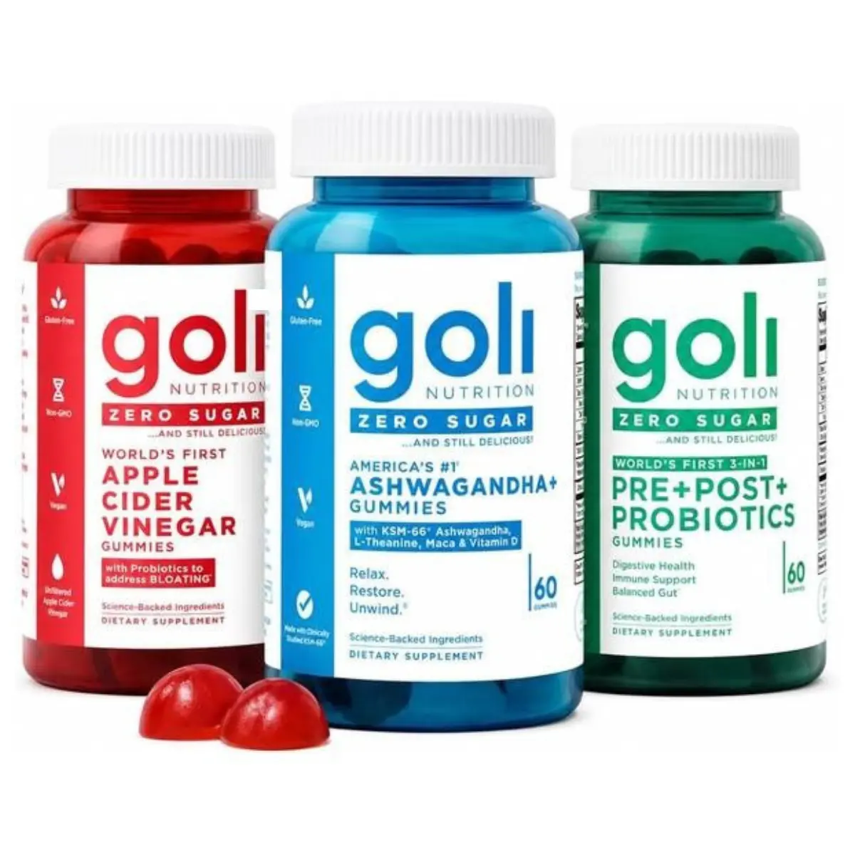 Goli Zero Sugar Trio - World's First 3-in-1 Pre, Post, Probiotic, Apple Cider Vinegar with Vitamin B12 and Probiotics, Ashwagandha & L-Theanine, Vitamin D Gummies, 180 Count (3-Bottle Set)