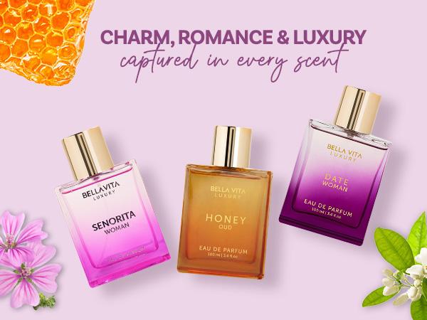 Stolen Hour by BellaVita Luxury | Perfume Gift Set | Senorita (Floral Fruity with Pomegranate & Musk), Honey Oud (Woody Spicy with Vanilla & Patchouli) & Date (Fruity Floral with Pink Pepper & Jasmine) | 3 x 3.4 Fl.oz | Vegan & Cruelty-Free