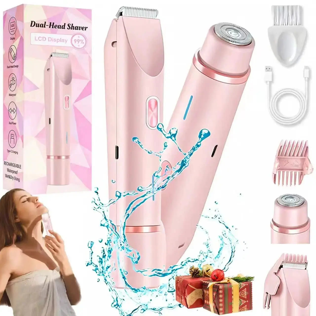 Mother'S Day Gift, 2 in 1 Electric Hair Removal Tool Bikini Trimmer for Women, Dual-head Electric Razors, Body & Facial Electric Shaver, Waterproof Wet & Dry Use Trimmer, Shaver for Women Safe And Skin Friendly Multifunctional Blade summerwins