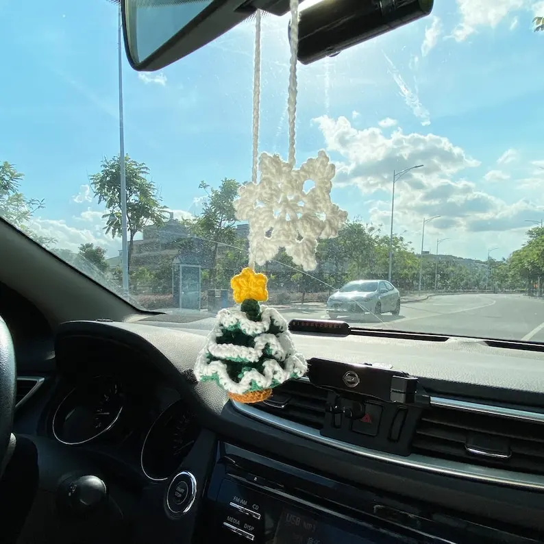 Crochet Christmas car decoration, Christmas tree car chram, snowflake car Rear View Mirror Hanging for Women gift for her