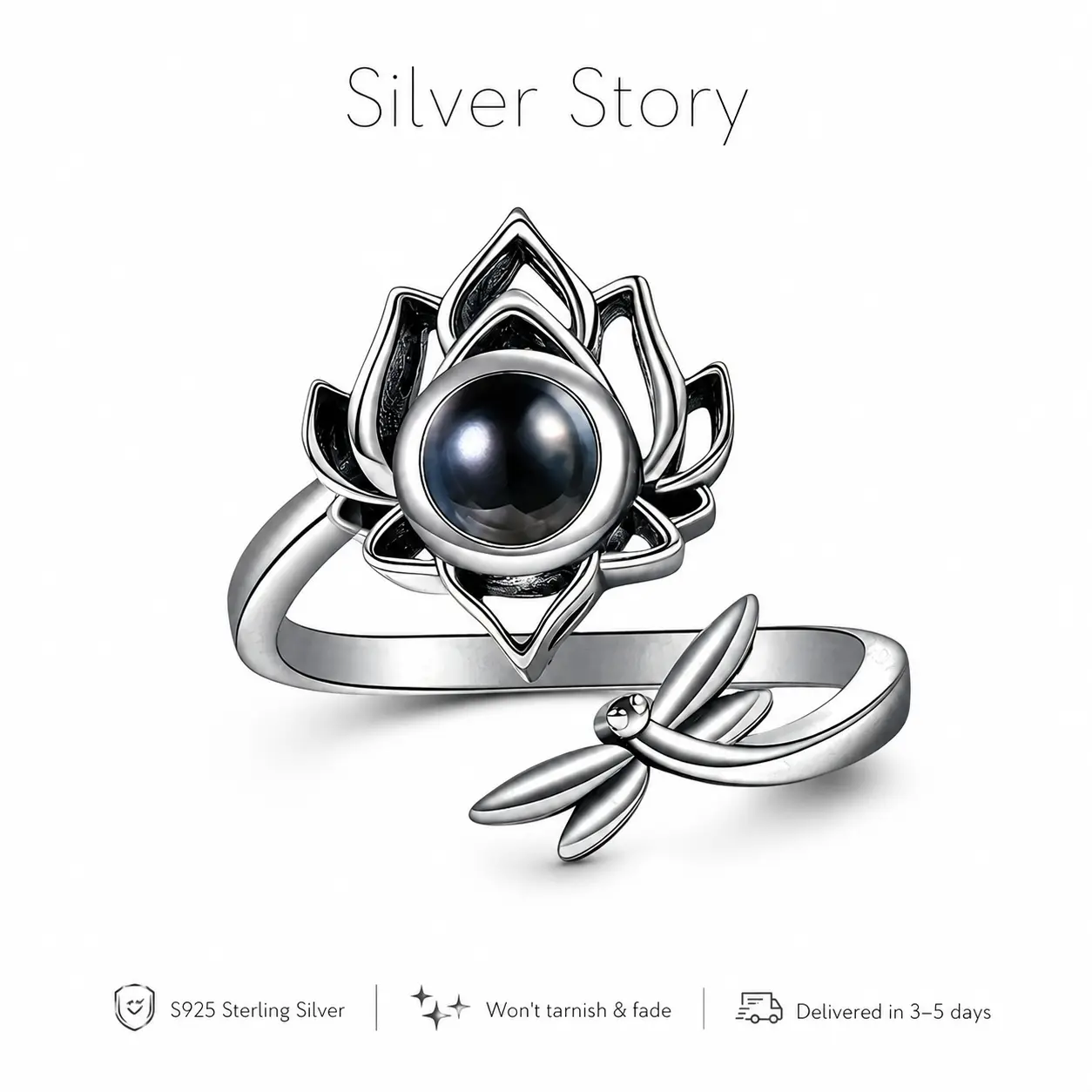 S925 Sterling Silver Lotus Dragonfly Ring for Women, Black Gemstone Adjustable Open Ring, Vintage Floral Statement Ring, Nature Inspired Boho Jewelry, Hypoallergenic Silver Ring, Unique Holiday Gift for Her