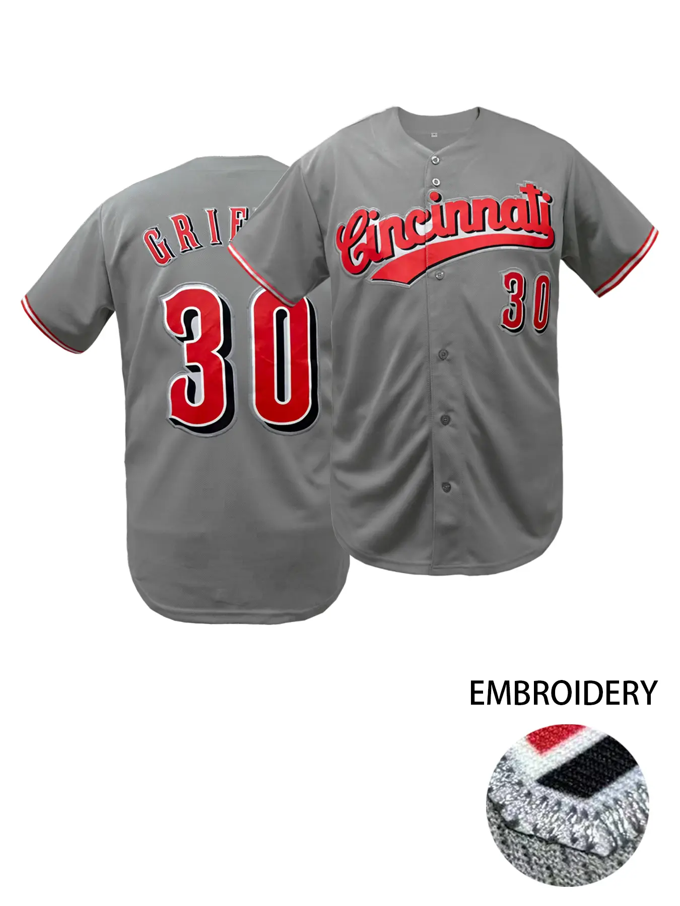 Cincinnati City Baseball Jersey for Unisex Adults, Embroidered Number 30, Red Grey, Casual Baseball Jersey