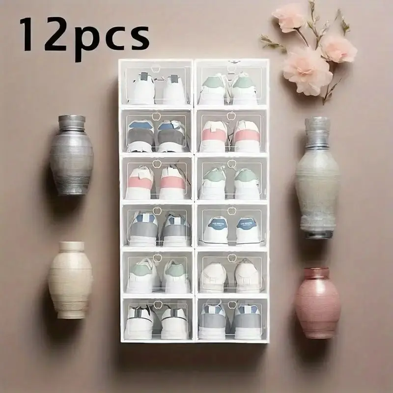 12-Piece Transparent Shoe Box Set, Thickened Plastic Storage Drawer Organizer, Clear Plastic Drawers, Unisex Shoe Organizers, Free Combination Design