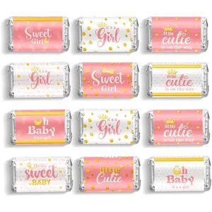 90 Pieces Pink Girl Style Baby Shower Candy Wrappers Chocolate Bar Label Stickers for Baby Shower Decor