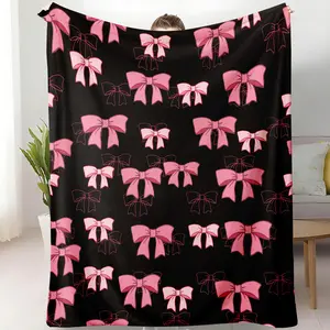 Pink Bow Fleece , Cute Girly Pattern Decorative Throw, Black Background Soft Cozy  for Living Room & Bedroom, Perfect Gift for Her blanket