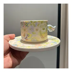 Handmade Ceramic Tea Cup and Saucer Set, 3D Pastel Floral Relief with Unique Gradient Bird Handle, Customizable, Food Safe, One-of-a-Kind Hand-Painted Mug for Coffee, Tea, Gift for Women