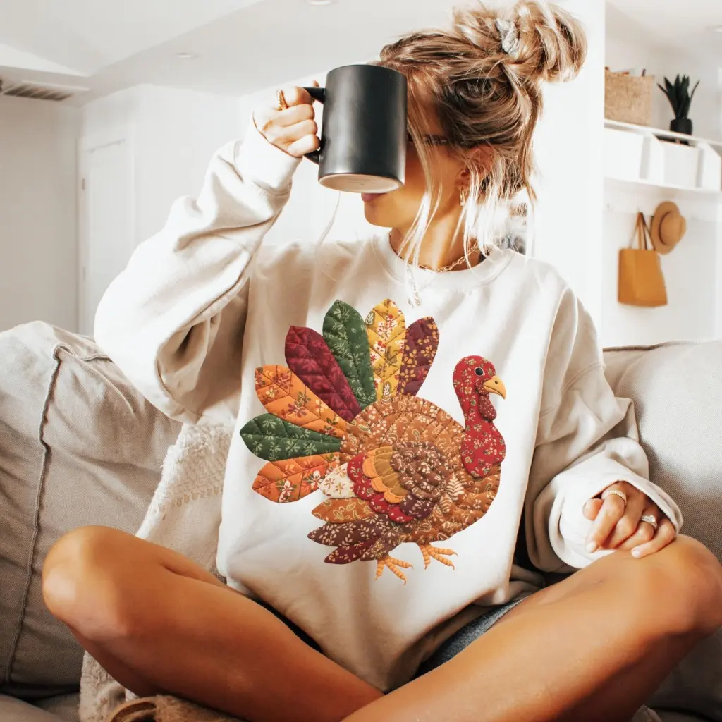 Thanksgiving Turkey Sweatshirt, Faux Patchwork Turkey Sweater, Women's Fall Sweater, Women's Thanksgiving Sweater, Turkey Day Sweatshirt