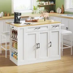 Rolling Kitchen Island with Storage and Seating, 43" Kitchen Island on Hidden Wheels with Drop Leaf, Bar Stools, Large Cabinet, Adjustable Shelf, Spice & Towel Rack and Drawers, White