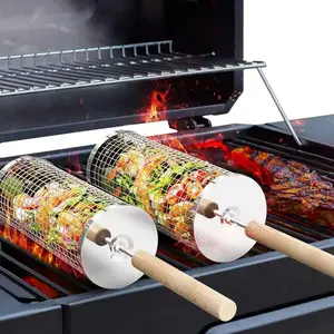 ivtivfu Rolling Grill Baskets (2PCS), Removable Wooden Handle, Nesting Design, 304 Stainless Steel, Heavy Duty Grilling Cage Net, BBQ Accessories Tools for Vegetable Shrimp, Outdoor Camping Kitchen, Backyard Cooking, Birthday Gifts for Men Dad Husband tik