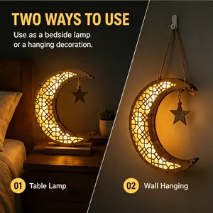 HandRamadan Moon LED Light, Wooden Crescent Star Lamp, Eid Mubarak Decorative Night Light for Muslim Home & Ramadan Gifts