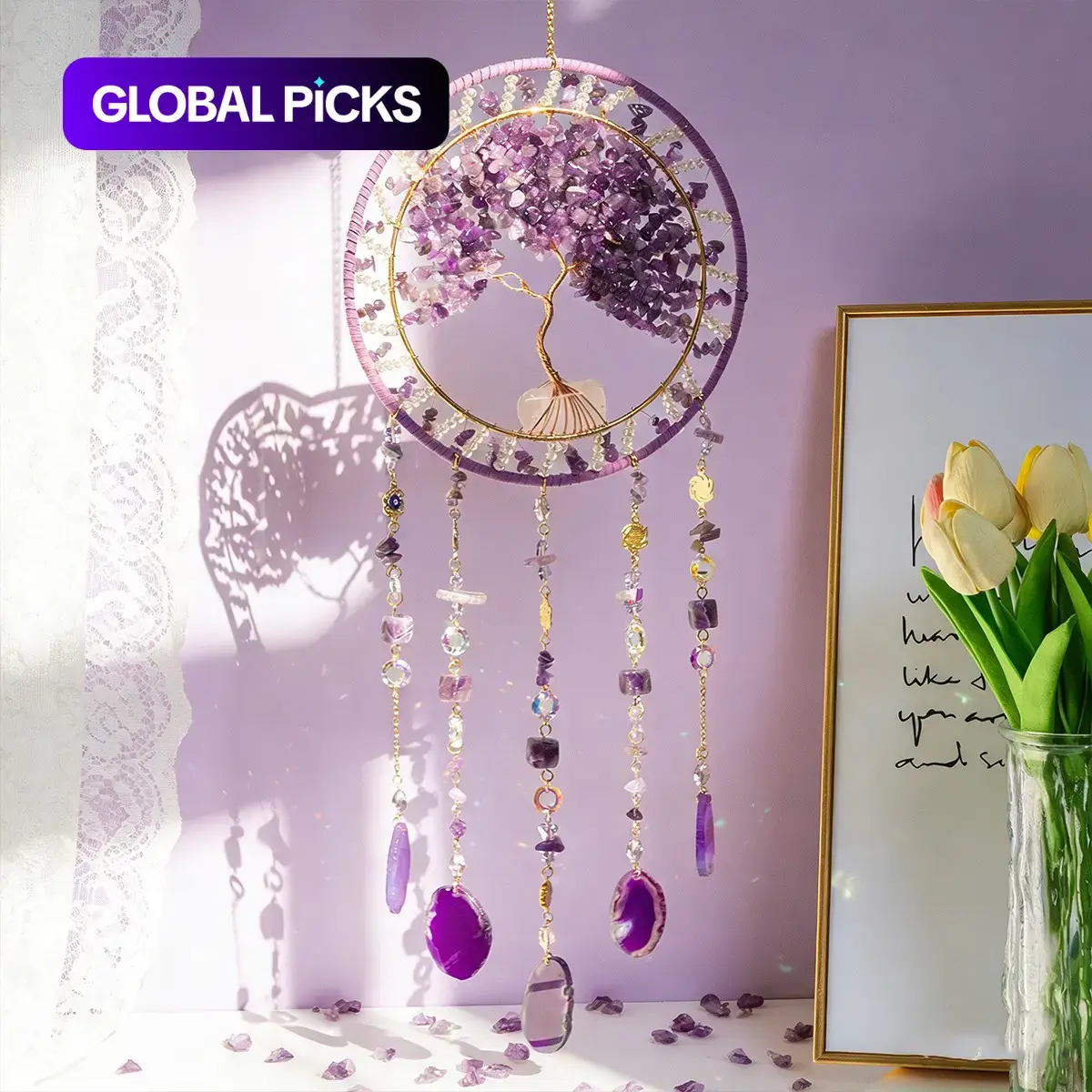 Handmade Bohemian Tree of Life Dream Catcher and Sun Catcher, Crystal and Gemstone Home Hanging Decoration, Natural Agate Pendant, Window Patio Decor, Boho Wall Art, Birthday Gift, Outdoor Indoor Decor, Decoration Items