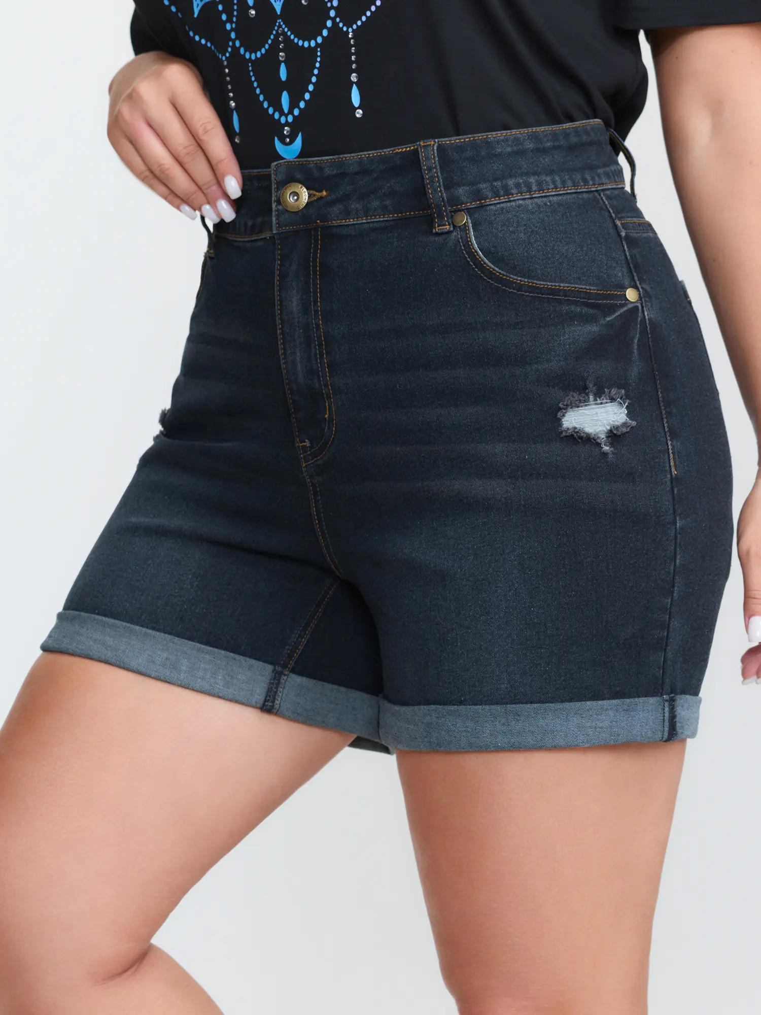Women's Midnight Basic Embroidered Straight-Leg Mom Denim Shorts, Spandex Garment with Tummy Control, Pockets & Fit Design, Lady's Bottom Clothes, M-6X 2026 Summer Turn-Up Pick,Summerfinds